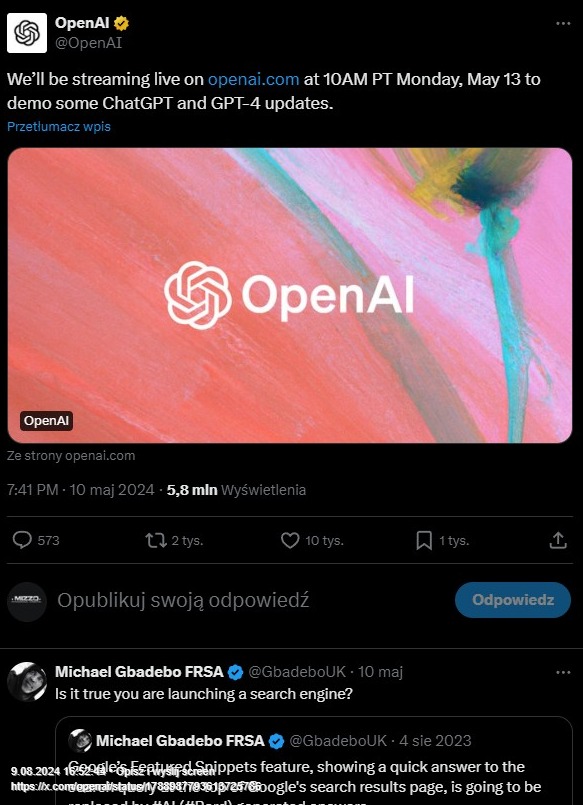 Screenshot of 2 OpenAI w serwisie X Well be streaming live on https t